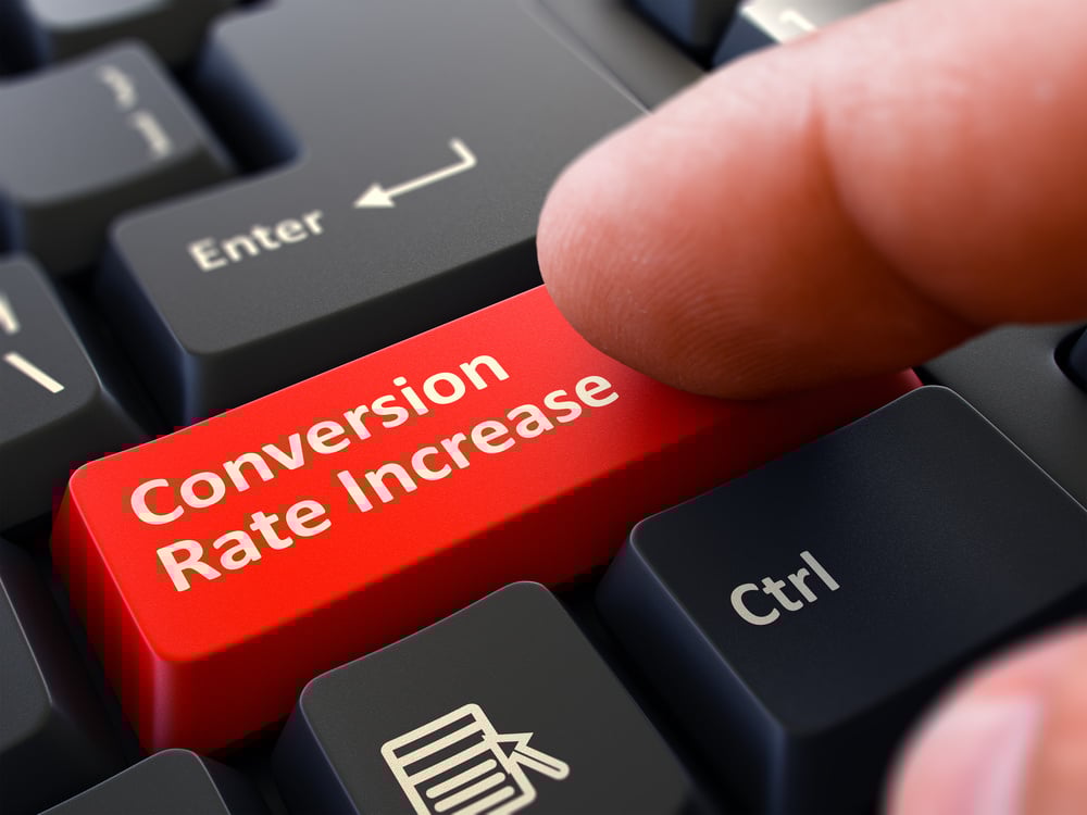 Conversion Rate Increase Red Button - Finger Pushing Button of Black Computer Keyboard. Blurred Background. Closeup View. 3d Illustration.